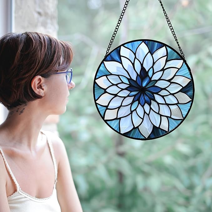 Stained Glass Suncatcher, Blue White Multi-Petal Flowers Sun Catcher Landscape Stain Glass Window Hanging Decoration Mother's Day Birthday Gifts for Women Men Mom Nana 6.3 in