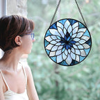 Stained Glass Suncatcher, Blue White Multi-Petal Flowers Sun Catcher Landscape Stain Glass Window Hanging Decoration Mother's Day Birthday Gifts for Women Men Mom Nana 9.8 in