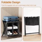 Luggage Rack for Guest Room, Folding Suitcase Stand with Fabric Storage Shelf, Luggage Holder, Steel Foldable Luggage Stand for Guest Room, Bedroom, Hotel, Black