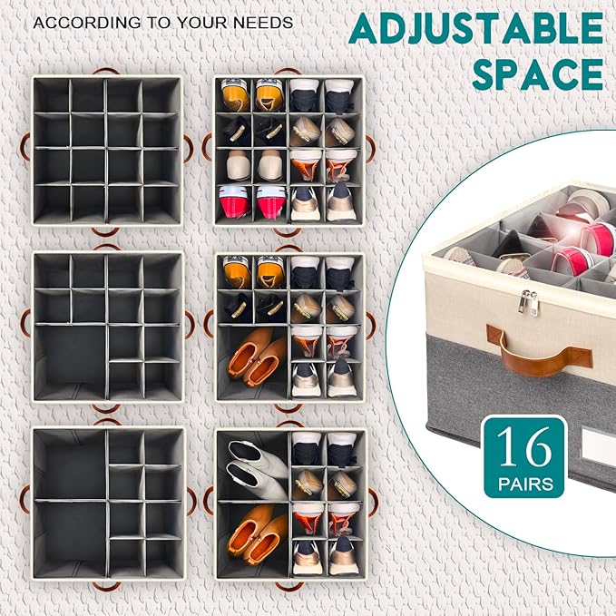 Shoe Organizer for Closet, Foldable Shoe Storage Bins with Clear Cover, Space Saving Shoes Holder with 4 Handles, Large Adjustable Shoe Box Storage Containers, Fits 8-16 Pairs, 2 Pack, Beige