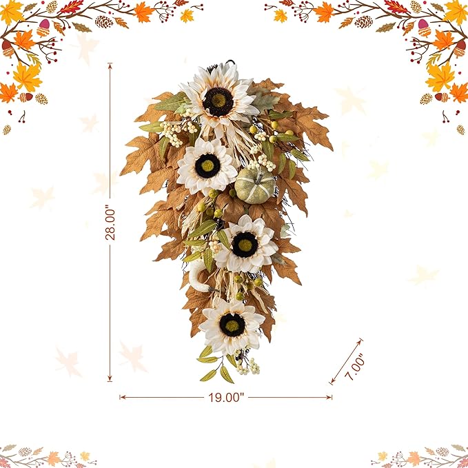 Glitzhome Fall Teardrop Swags for Front Door, 28''H Autumn Swag with Neutral Sunflower, Pumpkin and Leaf, Fall Swags for Front Door, Thanksgiving Harvest Festivals Decor