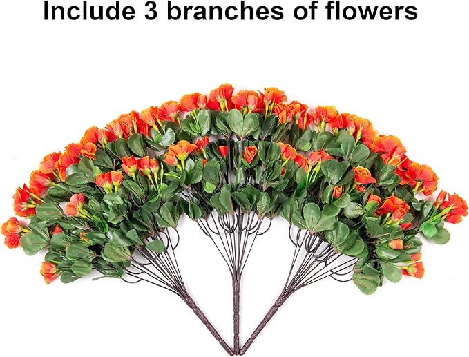 HyeFlora Artificial Faux Outdoor Outside Flowers Plants For Spring Decor, Fake Silk Orange Camellia UV Resistant Look Real for Autumn Planter Front Door Porch Patio Balcony Decoration, 3 Large Bundles