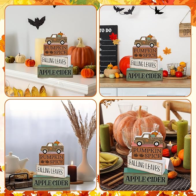 Lineshading 4 Pcs Fall Table Decoration for Home Fall Truck Decor Thanksgiving Tiered Tray Decor Rutic Thanksgiving Centerpiece Pumpkin Truck Block Signs Gift Farmhouse Autumn Decoration for Home