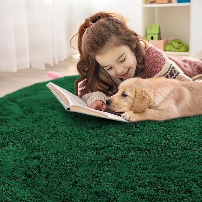 OLANLY Dark Green Round Rugs for Bedroom - Machine Washable, 5 ft Circle Area Rugs for Living Room, Soft and Fluffy Shaggy Carpet for Teen Girls and Boys, Nursery Rooms, Dorms, Home Decor Aesthetic