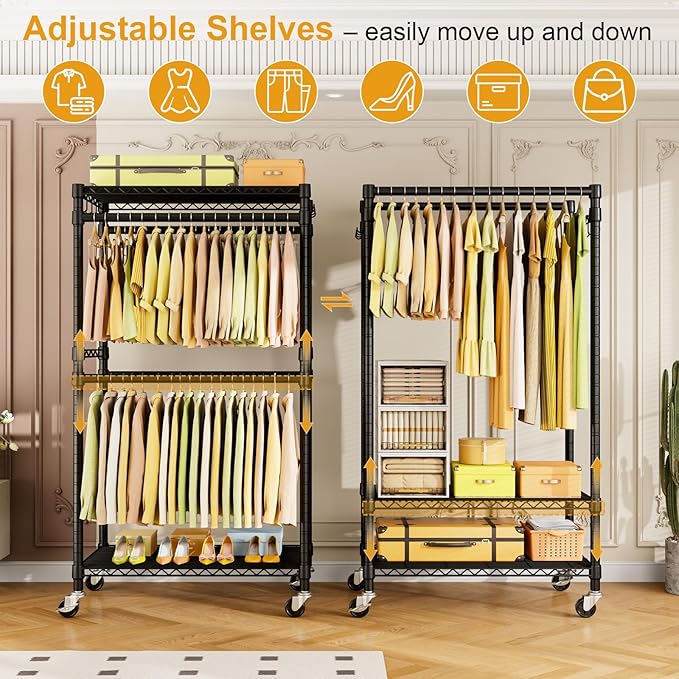 P4 Rolling Clothes Rack Heavy Duty, Clothing Racks for Hanging Clothes, Freestanding Garment Racks with Wheels, Metal Portable Closet Rack 35.5''W × 20.5''D × 80.5''H, Max Load 560Lbs, Black