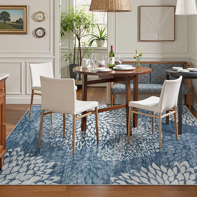 Dahlia 5x7 Blue Floral Rug for Bedroom, Low Pile Soft Washable Area Rugs for Living Room, Boho Non Slip Large Blue Carpet, Stain Resistant Throw Rug for Dining Room Home Office