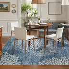 Dahlia 5x7 Blue Floral Rug for Bedroom, Low Pile Soft Washable Area Rugs for Living Room, Boho Non Slip Large Blue Carpet, Stain Resistant Throw Rug for Dining Room Home Office
