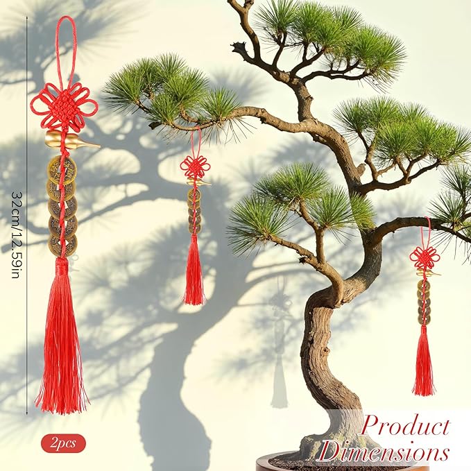 2PCS Chinese Knot Tassel, Feng Shui Good Luck Charms, Metal Gourd with 5 Coins Good Luck Gifts, Bring Wealth, Health and Peaceful for Cars, Furniture, Bags, Homes, and Offices