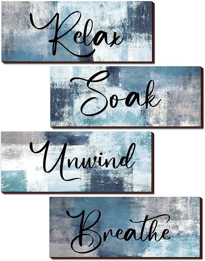 Maitys 4 Pcs Bathroom Wall Decor 10 x 4 Inch Bathroom Wall Art Contemporary Wood Restroom Pictures for Soak Unwind Relax Hanging Sign Spa Rustic Vintage Farmhouse Pediments(Blue, White)