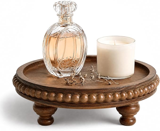 EOSAHR Pine Round Wood Riser for Room Decor - Beaded Pedestal Tray for Perfume Tray, and Bathroom Tray-Ideal Farmhouse Boho Kitchen Counter Decor for Apartment Essentials(Vintage Brown)