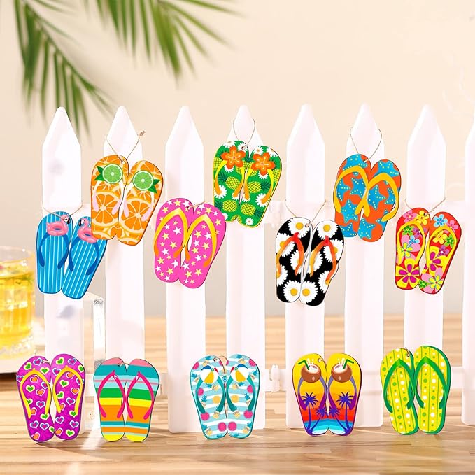 Geelin 36 Pcs Summer Wood Hanging Ornaments for Tree Mini Tree Decorations Hawaiian Beach Wooden Pendant Decorations with String for Luau Party Supplies(Slipper)