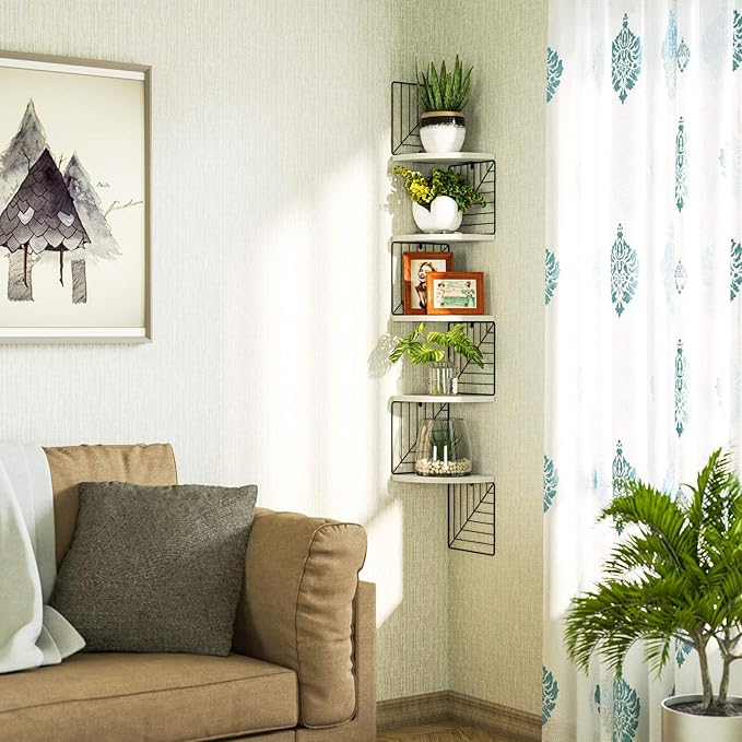 Love-KANKEI Corner Shelf Wall Mount of 5 Tier Rustic Wood Floating Shelves Wall Shelves for Bedroom Living Room Bathroom Kitchen Office and More White