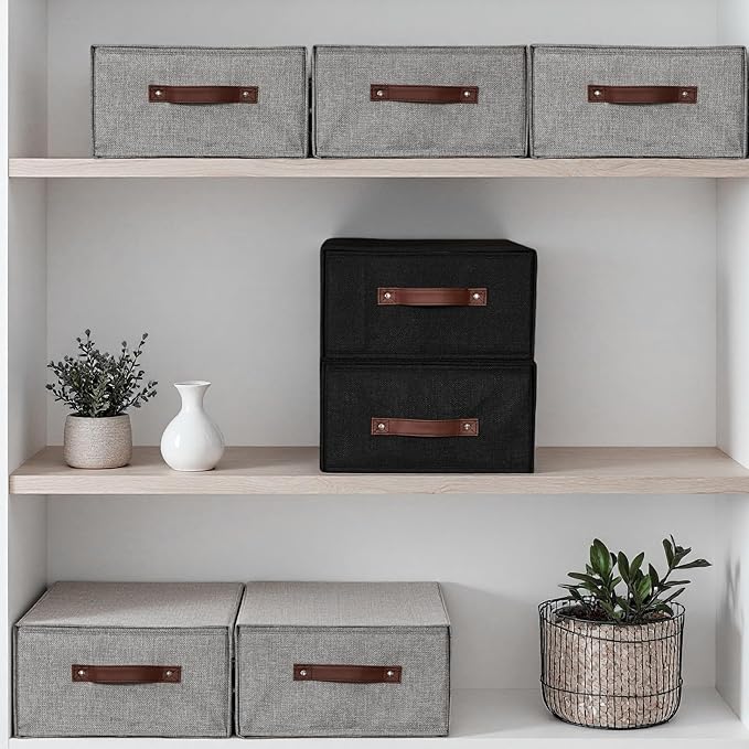 Closet Drawer Organizer Stackable Fabric Storage Boxes Bins Baskets with Lid PU Leather Handles Foldable Washable Cotton Linen Wardrobe Shelf Clothes Towels Container (Gray, Large)