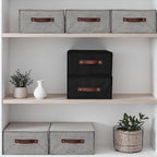 Closet Drawer Organizer Stackable Fabric Storage Boxes Bins Baskets with Lid PU Leather Handles Foldable Washable Cotton Linen Wardrobe Shelf Clothes Towels Container (Black, Large)