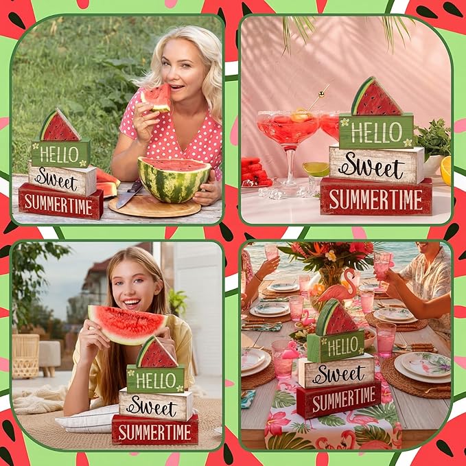 Moucuny 4 Pcs Summer Wooden Table Decor Watermelon Tiered Tray Decor Farmhouse Table Decoration Hello Sweet Watermelon Book Block Summer Decoration for Home Office Kitchen Mantel Shelf