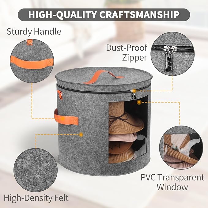 Oversized Hat Storage Box for Women & Men，19" D x 17" H Cowboy Hat Boxes with 1 Wood Hook Felt travel Round Hat Organizer Box with Dustproof Lid (Gray)