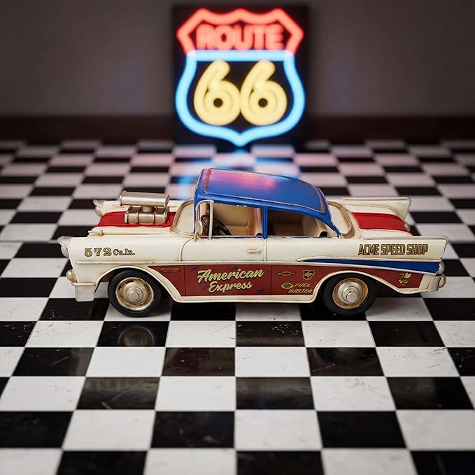 GENUINQ Vintage Classic Car Metal Model, 1950s Style Retro Racer Figurine with Raised Hood Scoop, Red White Blue Patriotic Livery, Man Cave Garage Decor & Collectible Gift