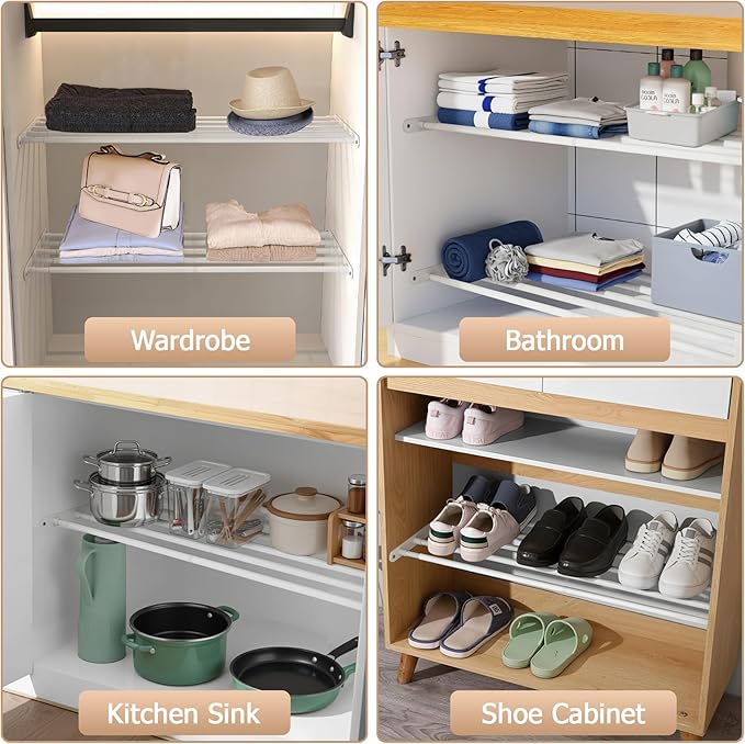 Expandable Closet Shelf Wall-Mounted Metal Storage Rack Adjustable Closet Rod DIY Divider Separator Space Saving for Cabinet Wardrobe Cupboard Kitchen Pantry Cupboard, 45.8-56.5 Inches