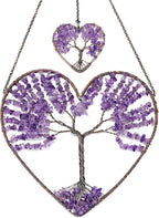 Jovivi Tree of Life Feng Shui Crystal Heart Hanging Ornament Amethyst Gemstones Healing Stones Yoga Meditation Window Wall Hanger for Home Wedding Decor
