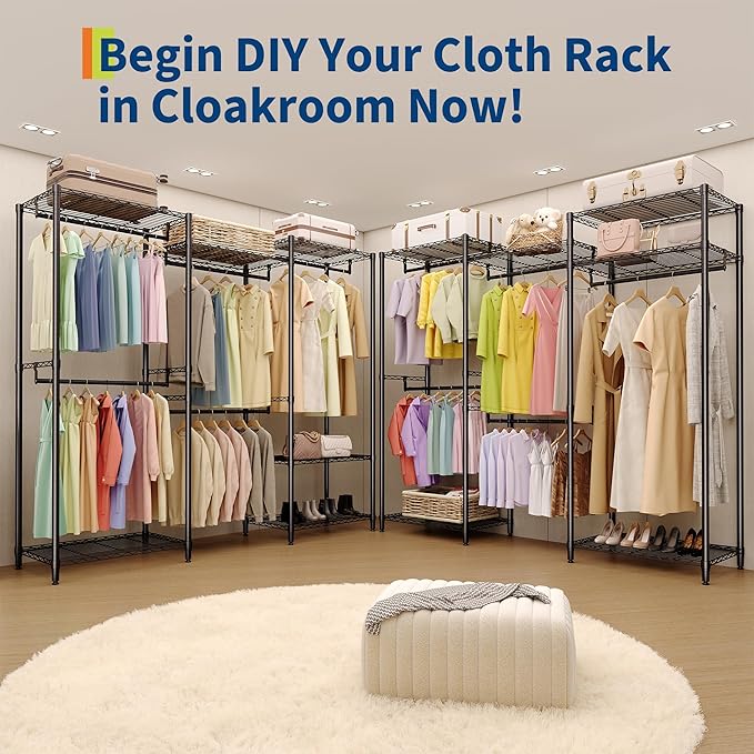 Heavy Duty Clothes Rack,Load 1433LBS Garment Rack Portable Closet,Free Standing Closet Organizers and storage with Adjustable Shelves, Hanging Rods, Dividable Black 76.5"H x 67.6"L x 15.5"W