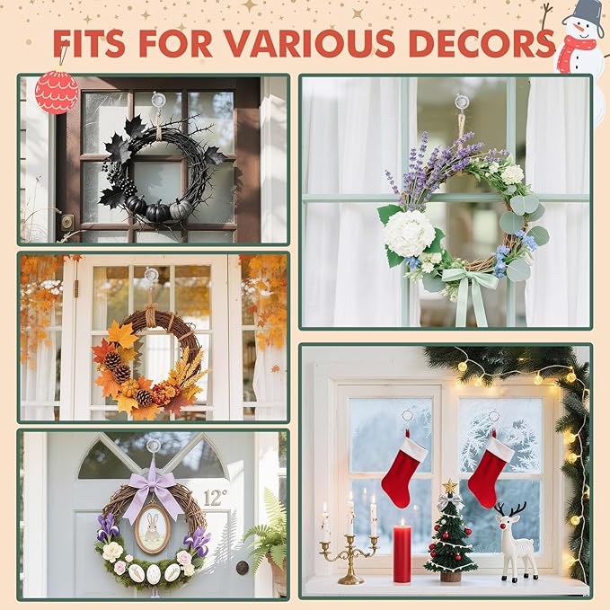 VIS'V Wreath Hanger, Large Twist Lock Suction Cup Wreath Hooks, Heavy Duty, 22 LB Capacity, Removable and Reusable, Round, Clear, 4 Pcs