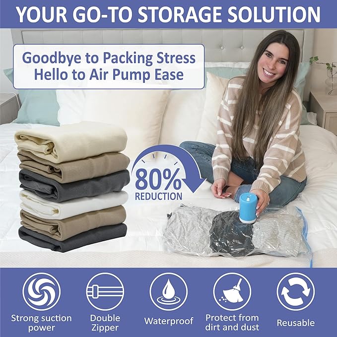 Cozy Essential Travel Vacuum Storage Bags with Rechargeable Cordless Electric Pump, Space Saver Bags for Luggage, Suitcase, Carry-On, for Clothes, Blankets, Comforters, Pillows, 15 Combo