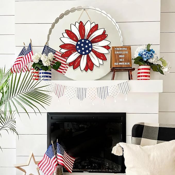 Wooden 4th of July Decoration Door Wreath for Front Door Sign Star Wall Signs, Independence Day Patriotic Day Wreath Welcome Memorial Day Hanging for Home Wall Decor Party Outdoor Indoor Flower