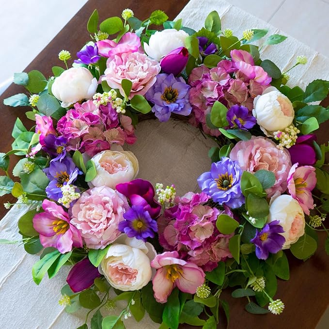 Spring Wreaths for Front Door Outside- 24 Inch Summer Wreath with Blush Pink Roses & Purple Blooms and Hydrangeas,Luxury Spring Door Wreath for Porch,Home,Wall,Window Decor(Indoor Outdoor Use)