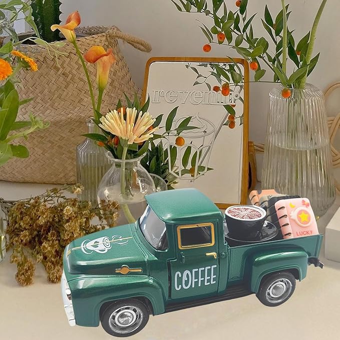 Vintage Mini Metal Pickup Truck with The Coffee Decor and The 4 Books,for Home Farmhouse Kitchen Decor & Coffee Decorations (Coffee-Green)