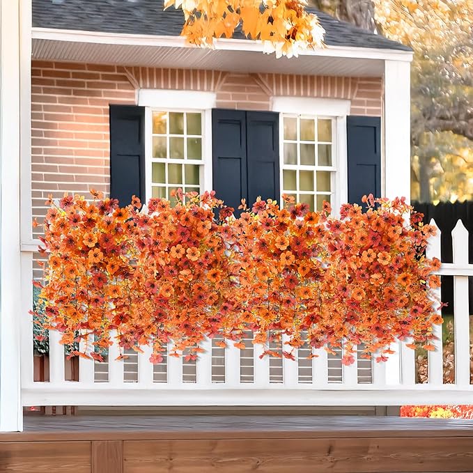 Artificial Fall Flowers for Outdoors, 2PCS Silk Fake Flowers Realistic Daisy Mums UV Resistant Porch Patio Window Yard Decor (Fall Orange)