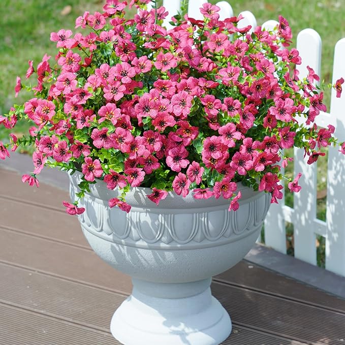Artificial Fake Plants Flowers for Outdoor Outside Summer Decoration, 12 Bundles Faux Silk Hotpink Daisy UV Resistant Realistic for Porch Patio Home Window Box Yard Garden Planter