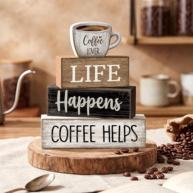 Moucuny 4 Pcs Farmhouse Coffee Bar Table Decor Vintage Wooden Stacked Block Sign - 'life Happens Coffee Helps' Table Centerpiece Rustic Wood Bar Sign Gift for Home Kitchen Shelf Tiered Tray Decor