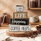 Moucuny 4 Pcs Farmhouse Coffee Bar Table Decor Vintage Wooden Stacked Block Sign - 'life Happens Coffee Helps' Table Centerpiece Rustic Wood Bar Sign Gift for Home Kitchen Shelf Tiered Tray Decor