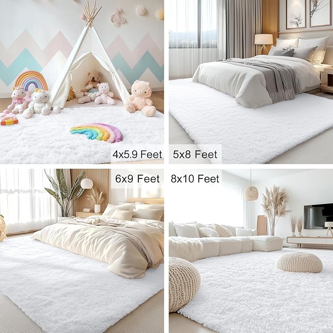 OLANLY 9x12 Machine Washable Large Area Rugs for Living Room, Bedroom, Soft Fluffy Shaggy Bedside Rug, Indoor Floor Carpet for Kids Girls and Boys, Dorms, Nursery, Home Decor Aesthetic, White