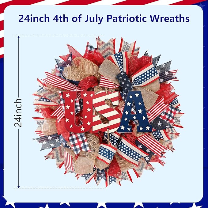 24Inch 4th of July Wreath, Patriotic Burlap Wreath for Front Door,Stripe and Stars Wreaths for USA 250th Anniversary, Memorial Day American Flag Printed Decorations for Outdoor (Wreath-2)