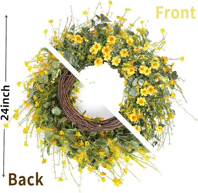 Sggvecsy Yellow Daisy Wreath 24 Inch Spring Summer Wreath Fake Silk Floral Wreath with Green Eucalyptus Leaves and Lavender for Front Door Window Wall Wedding Farmhouse Festival Decor