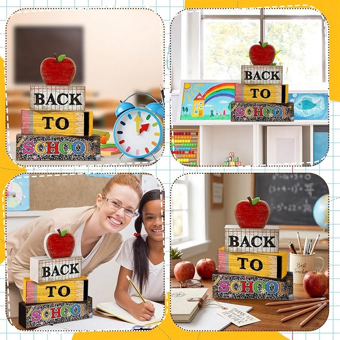 Lineshading 4 Pcs Back to School Table Decorations Retro Red Apples Decor Back to School Tiered Tray Decor Apple Centerpieces Rustic Wood Pencil Block Sign Farmhouse Gifts for Class Party Home Shelf