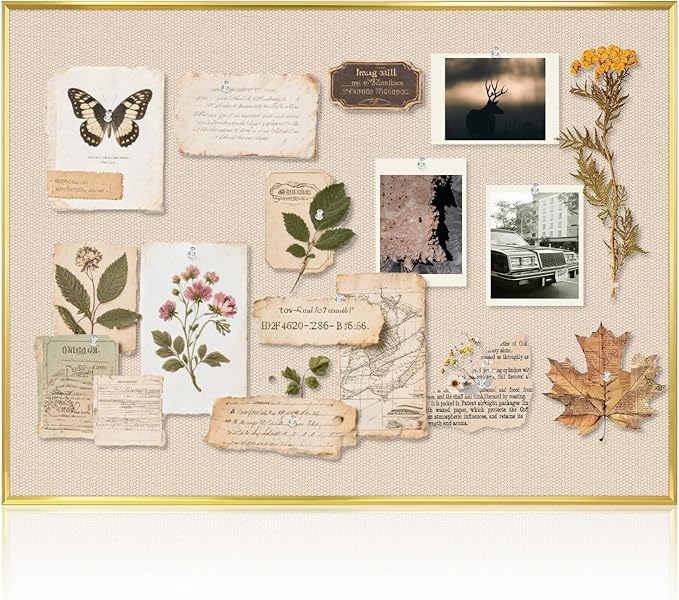 Linen Bulletin Board 36" x 24", Fabric Pin Board with Gold Aluminum Frame, Decorative Vision Board for Home Office, Bedroom & Dorm Wall Decor, Includes 10 Push Pins, Beige
