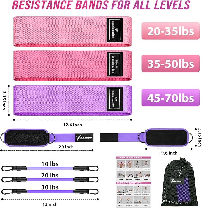 WOQQW Resistance Bands Set - Ankle Resistance Bands with Cuffs for Legs & Glute Workout, Fabric Booty Bands for Women, Home Gym Exercise Equipment for Hip, Pilates, Fitness, Yoga, Physical Therapy