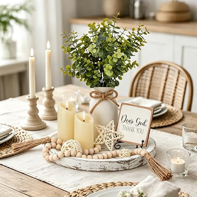 Rustic Modern Farmhouse Decor Set of 7 for Your Living Room, Kitchen Counter, Home or Table Centerpieces Room Decor, Wood Round Decorative Tray Gifts for Women Men (White)
