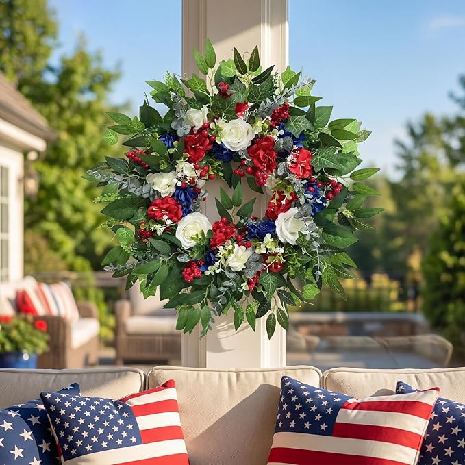 24 Inch 4th of July Wreath, Patriotic Wreaths for Front Door, Red White Blue Spring Summer Door Wreaths for Independence Day,Memorial Day Wreaths for Front Door Wall Window Decor