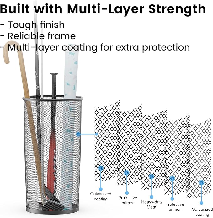 19.5" H Mesh Umbrella Stand - Ventilated Mesh Umbrella Holder for Entryway - Extra Capacity Storage for Umbrellas Canes & More - Freestanding Indoor Organizer 10.4" L x 10.4" W x 19.5" H - 2P Black
