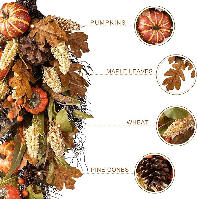 Glitzhome Decorative Teardrop Swag for Front Door, Artificial Wall Swags with Leaf & Pumpkins & Pine Cones & Berries for Home Porch Wall Window Halloween Thanksgiving Indoor Outdoor Decor