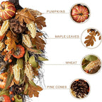Glitzhome Decorative Teardrop Swag for Front Door, Artificial Wall Swags with Leaf & Pumpkins & Pine Cones & Berries for Home Porch Wall Window Halloween Thanksgiving Indoor Outdoor Decor