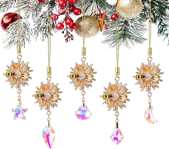 5Pcs Crystal Suncatchers Glass Prisms Christmas Tree Decorations Gold Flower Bee Hanging Crystal Ornament Wedding Party Home Decor