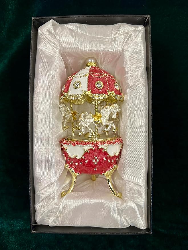 Carousel Music Box Figurine Pearl Dome, Rose Accents, Enameled Craft, Unique Home Decor & Gift Giving