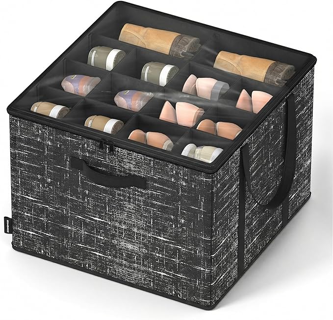 SONGMICS Shoe Organizer for Closet, Shoe Storage Box with Clear Lid, Foldable Fabric Bins, Holds 16 Pairs, Reinforced Handles, 16.5 x 16.5 x 12.5 Inches, Ink Black ULSP601B01