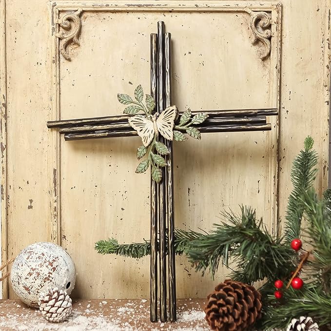 Synovana Wall Cross, Rustic Metal Cross Wall Decor with Butterfly & Leaves, Inspirational Christian Wall Crosses for Home Decor, Crucifix Gift