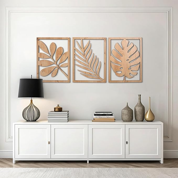 qmmp Modern Wooden Wall Sculptures - Set of 3 - Home Decor Accent - Large Wall Art for Living Room, Bedroom, Office - Easy Installation (Oak, XLarge - Tree Leaves)