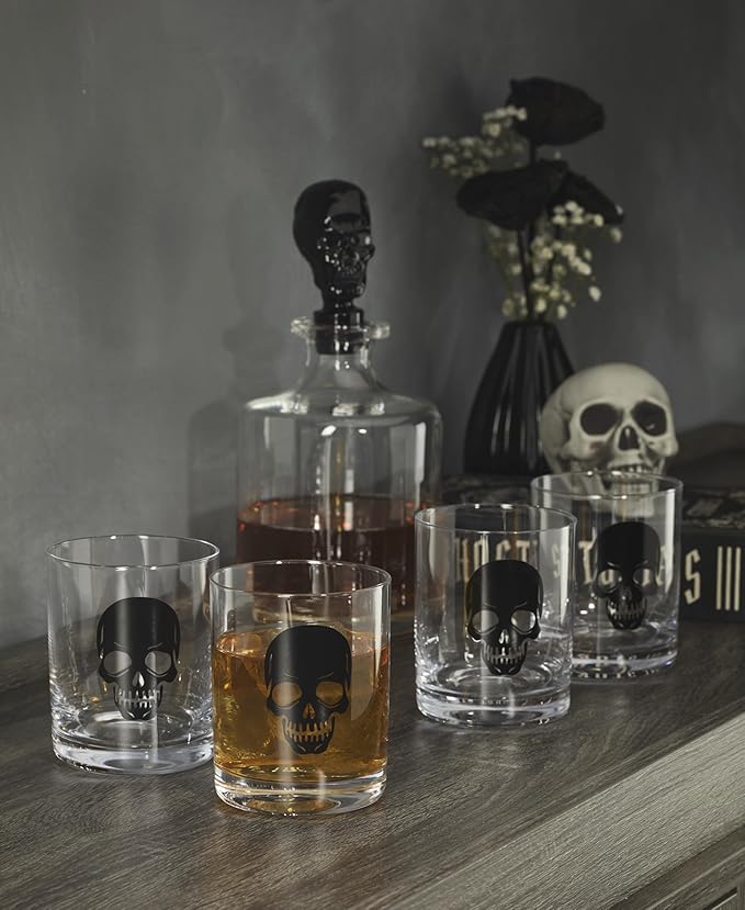 Oneida Barware, 5-Piece Skeleton Whiskey Set, 4 Drinking Glasses & 1 Decanter, Dishwasher Safe, Halloween Decor Indoor, Halloween Table Decorations for Party, Skeleton Themed (4 Glasses, 1 Decanter)